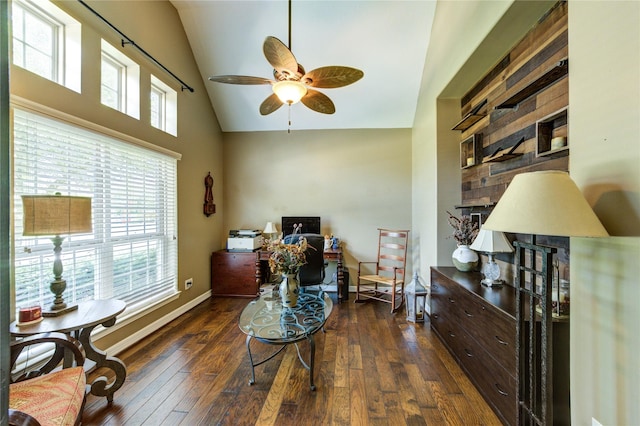 7003 Fall Creek Ln, Missouri City, TX 77459 - home office with ceiling fan, hardwood / wood-style floors, and high vaulted ceiling