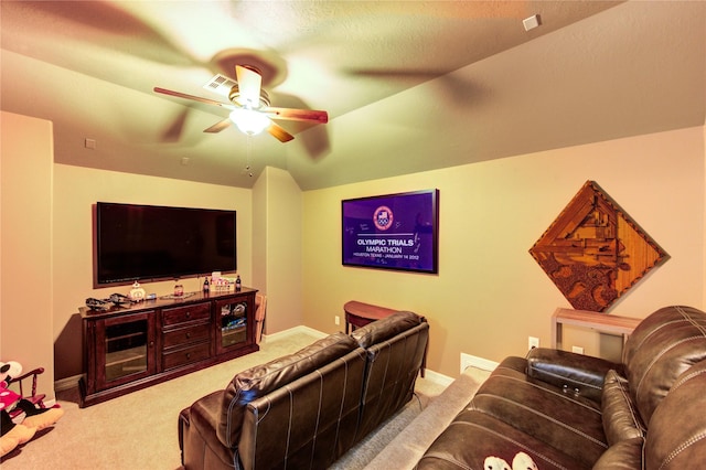 7003 Fall Creek Ln, Missouri City, TX 77459 - living room featuring carpet floors, a ceiling fan, and lofted ceiling