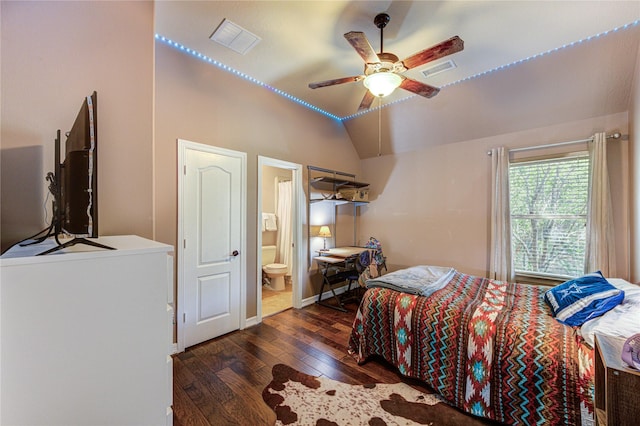 7003 Fall Creek Ln, Missouri City, TX 77459 - bedroom with hardwood / wood-style flooring, vaulted ceiling, ensuite bathroom, and ceiling fan