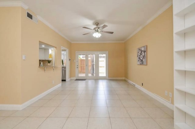 14707 Barryknoll Ln Unit 168, Houston, TX 77079 - empty room featuring a ceiling fan, ornamental molding, built in features, and light tile patterned flooring