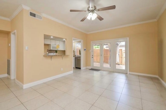 14707 Barryknoll Ln Unit 168, Houston, TX 77079 - unfurnished living room featuring crown molding, a ceiling fan, french doors, and light tile patterned floors