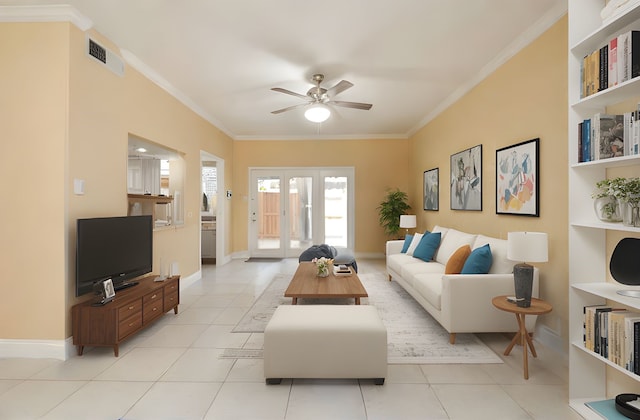 14707 Barryknoll Ln Unit 168, Houston, TX 77079 - living room with a ceiling fan, crown molding, french doors, and light tile patterned floors