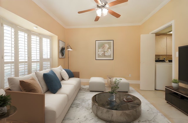 14707 Barryknoll Ln Unit 168, Houston, TX 77079 - living area with ornamental molding, ceiling fan, independent washer and dryer, and light tile patterned flooring