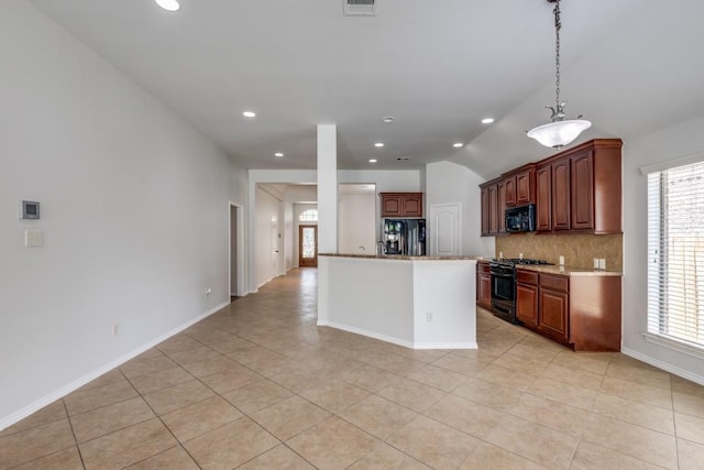 16223 Cotton Grove Ln, Houston, TX 77044 - kitchen featuring black appliances, healthy amount of natural light, decorative backsplash, light tile patterned floors, and lofted ceiling