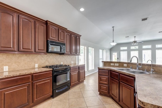 16223 Cotton Grove Ln, Houston, TX 77044 - kitchen with black appliances, a ceiling fan, vaulted ceiling, tasteful backsplash, and plenty of natural light