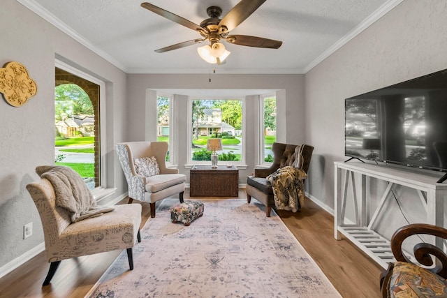 24111 Norchester Way, Spring, TX 77389 - living area with wood finished floors, ornamental molding, a ceiling fan, and a textured ceiling