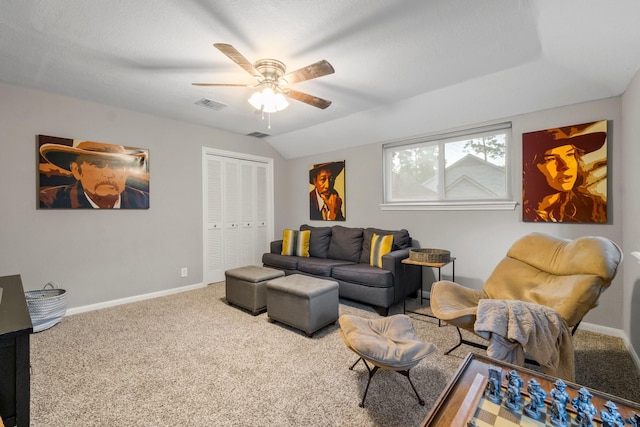24111 Norchester Way, Spring, TX 77389 - living room with a ceiling fan, carpet, and vaulted ceiling