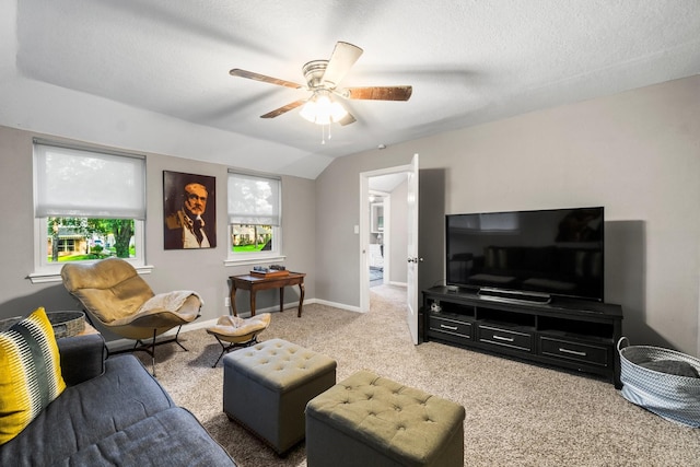 24111 Norchester Way, Spring, TX 77389 - living area featuring ceiling fan, carpet flooring, a textured ceiling, and lofted ceiling