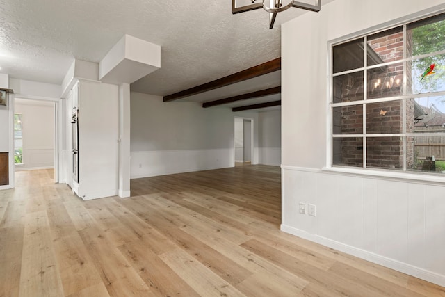 6515 Pebble Beach Dr, Houston, TX 77069 - unfurnished room featuring a textured ceiling, light wood-type flooring, beam ceiling, and wainscoting