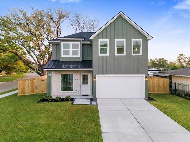 8646 Alcott Dr, Houston, TX 77080 - view of front of property with a standing seam roof, board and batten siding, concrete driveway, a metal roof, and an attached garage