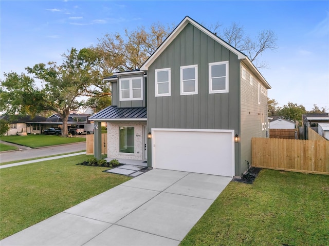 8646 Alcott Dr, Houston, TX 77080 - view of front of house featuring a standing seam roof, board and batten siding, an attached garage, concrete driveway, and a metal roof