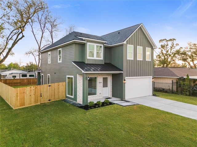 8646 Alcott Dr, Houston, TX 77080 - view of front facade featuring a standing seam roof, concrete driveway, an attached garage, board and batten siding, and a metal roof