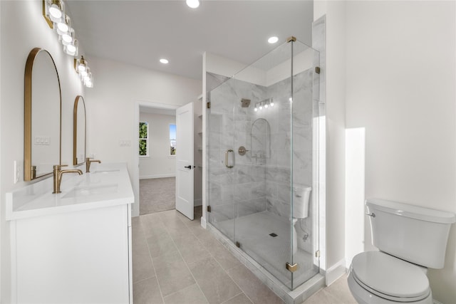 8646 Alcott Dr, Houston, TX 77080 - bathroom featuring recessed lighting, double vanity, a shower stall, and tile patterned flooring