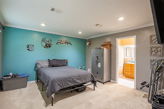 541 N Village Creek Pkwy, Lumberton, TX 77657 - carpeted bedroom featuring crown molding, recessed lighting, a textured wall, and ensuite bathroom
