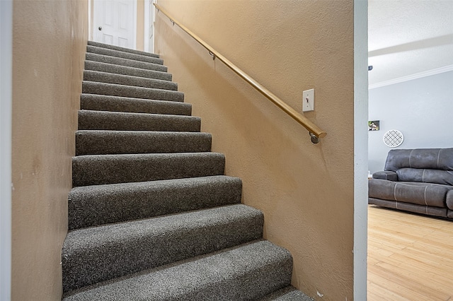 541 N Village Creek Pkwy, Lumberton, TX 77657 - staircase with crown molding, wood finished floors, and a textured wall