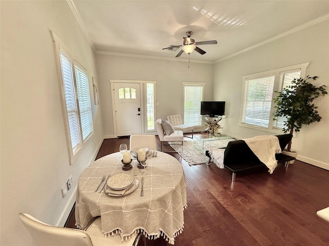 615 Allston St, Houston, TX 77007 - living room with healthy amount of natural light, ornamental molding, a ceiling fan, and dark wood-style floors