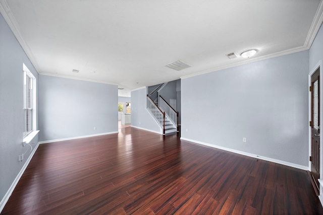 6306 Channelbrook Ln, Spring, TX 77379 - unfurnished living room featuring stairs, wood finished floors, and crown molding