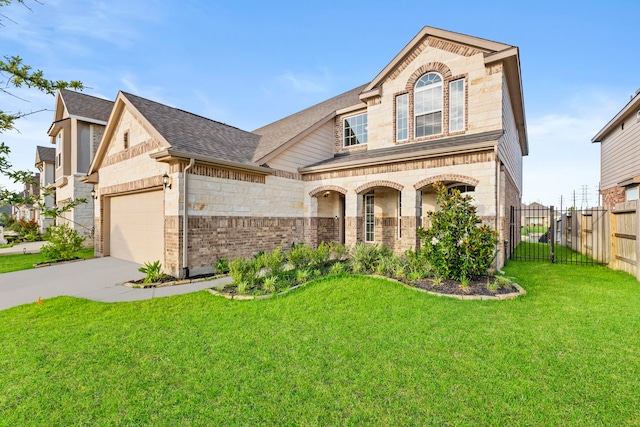3506 Lake Bella Megan Dr, Katy, TX 77493 - view of front of home with roof with shingles, an attached garage, driveway, stone siding, and brick siding