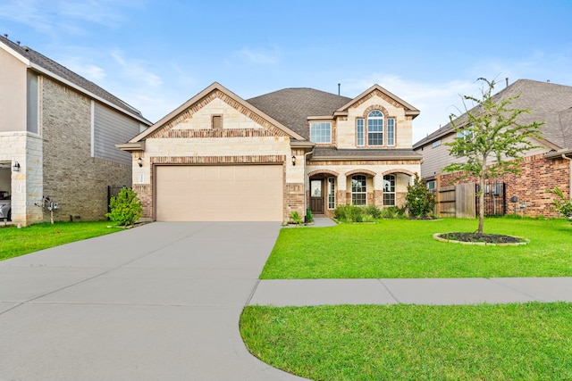 3506 Lake Bella Megan Dr, Katy, TX 77493 - french country home featuring concrete driveway, a garage, stone siding, and brick siding