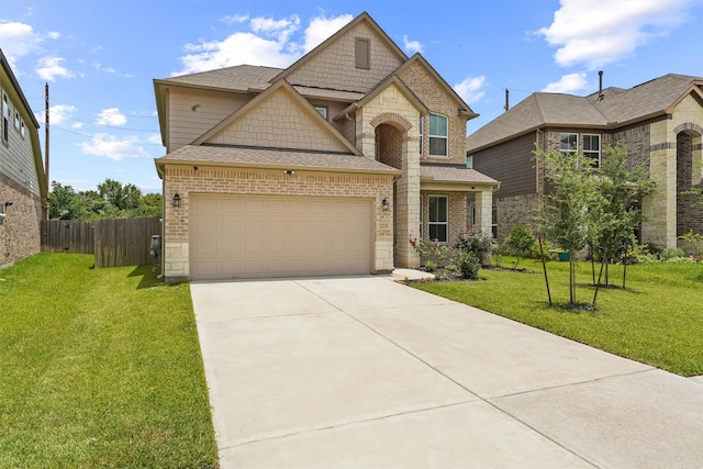 2231 Bright Sunrise Trl, Fresno, TX 77545 - view of front of property with concrete driveway, an attached garage, roof with shingles, stone siding, and brick siding