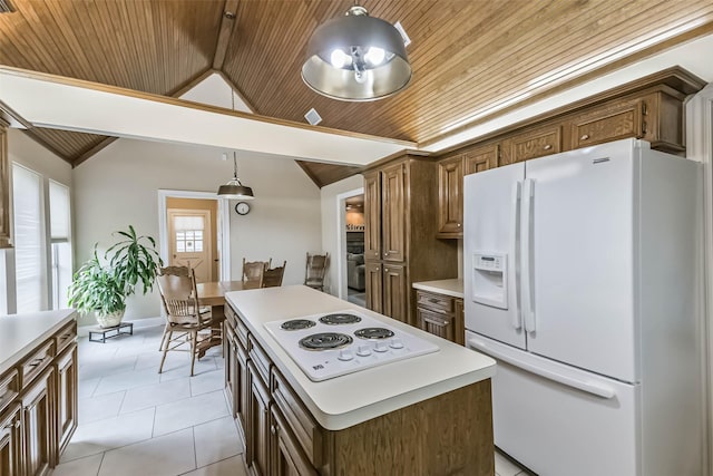3914 Cherry Forest Dr, Houston, TX 77088 - kitchen with white appliances, wood ceiling, vaulted ceiling, light countertops, and decorative light fixtures