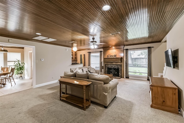 3914 Cherry Forest Dr, Houston, TX 77088 - living room featuring light carpet, ceiling fan, a fireplace, wooden ceiling, and recessed lighting