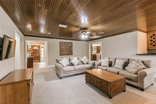 3914 Cherry Forest Dr, Houston, TX 77088 - living area with wood ceiling, light carpet, and ceiling fan
