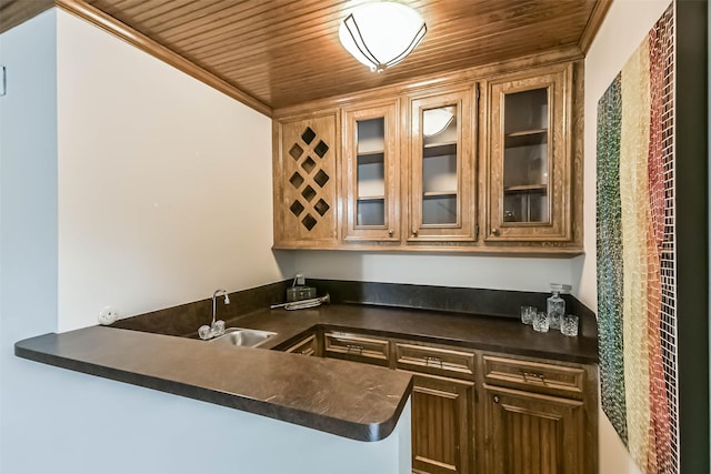 3914 Cherry Forest Dr, Houston, TX 77088 - kitchen with dark countertops, wooden ceiling, glass insert cabinets, a heating unit, and crown molding