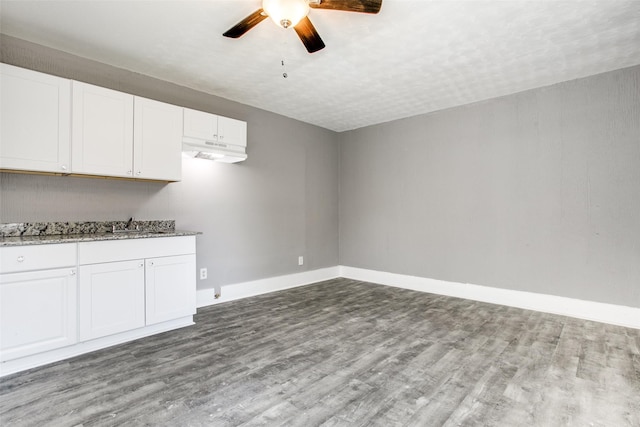 810-812 Maltby St Unit 6, Houston, TX 77011 - kitchen featuring a ceiling fan, wood finished floors, white cabinetry, and stone counters