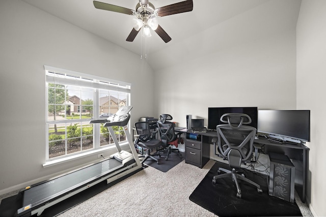 5442 Atwood Canyon Ct, Richmond, TX 77407 - office featuring carpet, a ceiling fan, and vaulted ceiling
