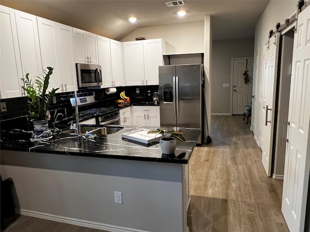 278 Cumberland Forest Dr, Magnolia, TX 77354 - kitchen with stainless steel appliances, a peninsula, light wood-style flooring, lofted ceiling, and dark countertops