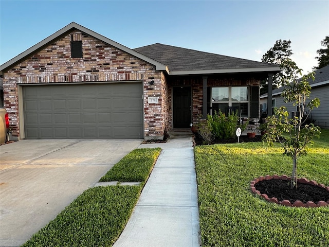278 Cumberland Forest Dr, Magnolia, TX 77354 - view of front of house with concrete driveway, brick siding, a garage, a front yard, and a shingled roof