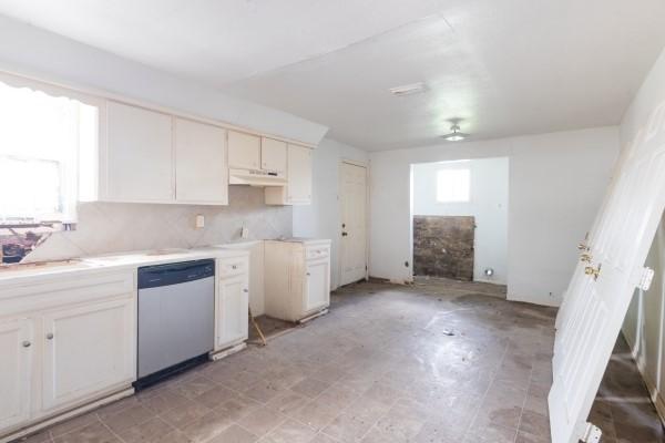 7973 Ritz St, Houston, TX 77028 - kitchen with stainless steel dishwasher, under cabinet range hood, light countertops, a ceiling fan, and backsplash