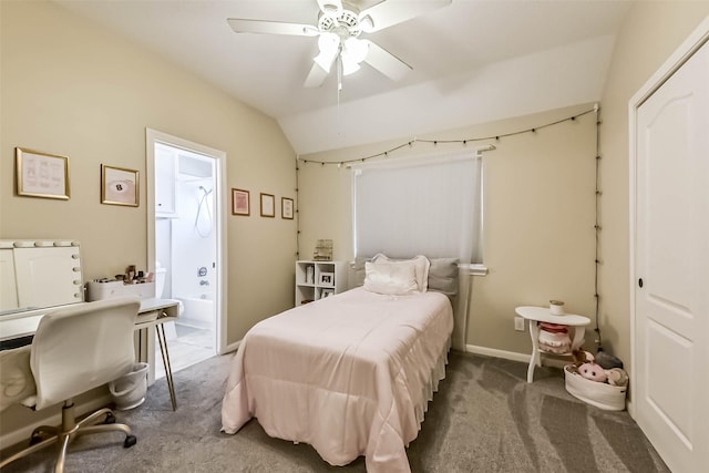 6402 Saint Jude Dr, Pasadena, TX 77505 - bedroom featuring vaulted ceiling, carpet, ensuite bath, a ceiling fan, and a desk