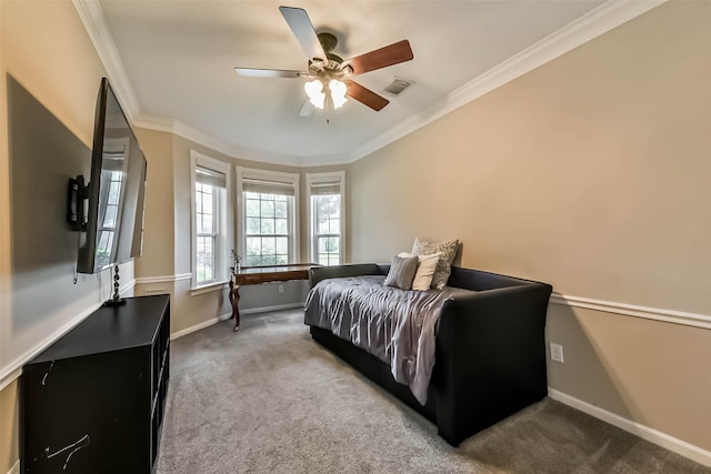 6402 Saint Jude Dr, Pasadena, TX 77505 - bedroom with carpet flooring, crown molding, and ceiling fan