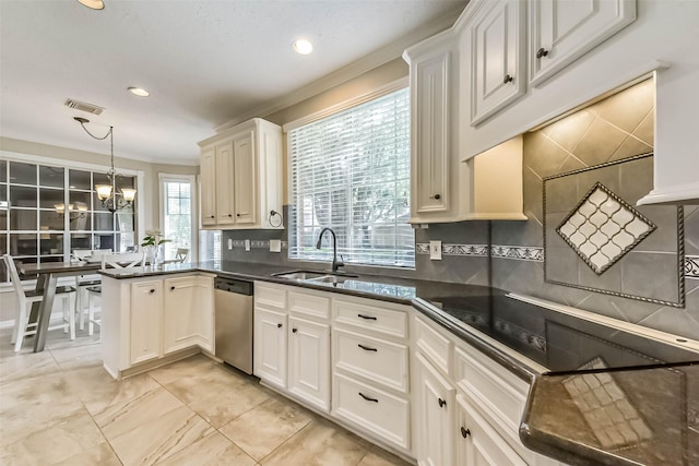 6402 Saint Jude Dr, Pasadena, TX 77505 - kitchen with stainless steel dishwasher, dark countertops, tasteful backsplash, a chandelier, and crown molding