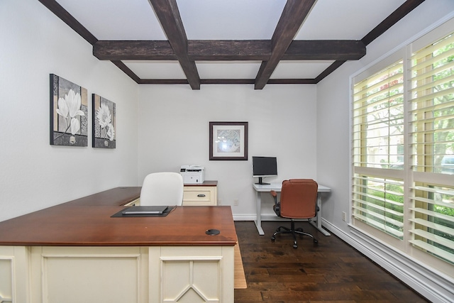 2710 Indigo Manor Ln, Katy, TX 77494 - office area featuring dark wood-style flooring, coffered ceiling, and beamed ceiling