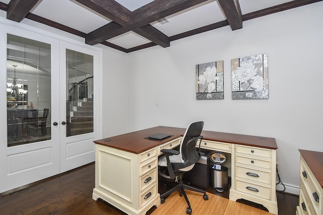2710 Indigo Manor Ln, Katy, TX 77494 - office space with french doors, coffered ceiling, beamed ceiling, and wood finished floors