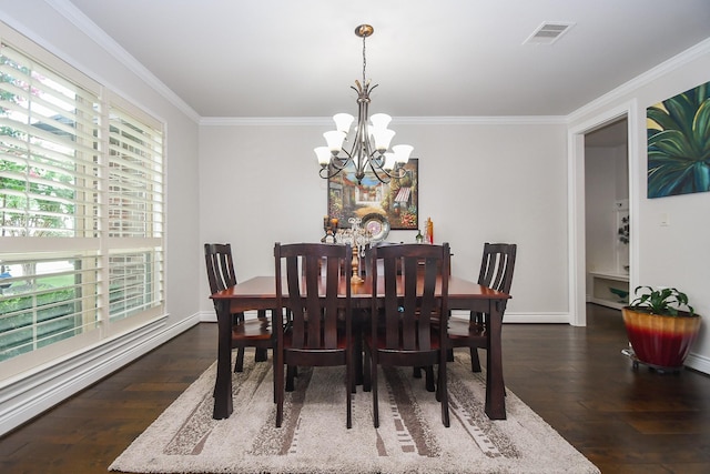 2710 Indigo Manor Ln, Katy, TX 77494 - dining area with a chandelier, crown molding, and dark wood-style floors