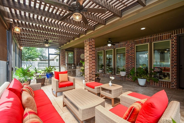 2710 Indigo Manor Ln, Katy, TX 77494 - view of patio / terrace with a ceiling fan, an outdoor hangout area, a pergola, and an outdoor kitchen