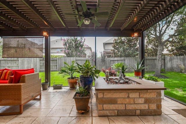 2710 Indigo Manor Ln, Katy, TX 77494 - fenced backyard featuring a ceiling fan, a pergola, and a patio area