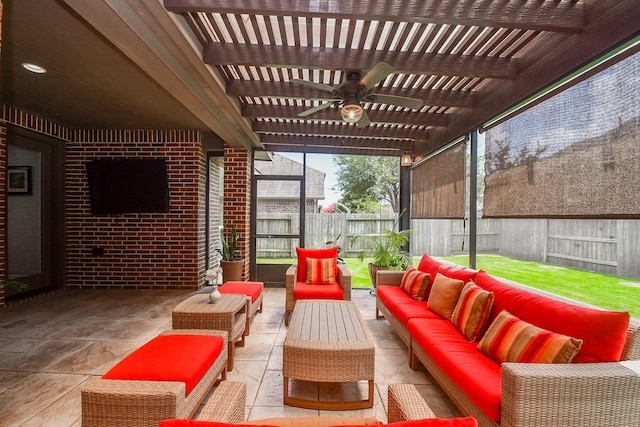 2710 Indigo Manor Ln, Katy, TX 77494 - fenced backyard featuring a ceiling fan, a pergola, outdoor lounge area, and a patio