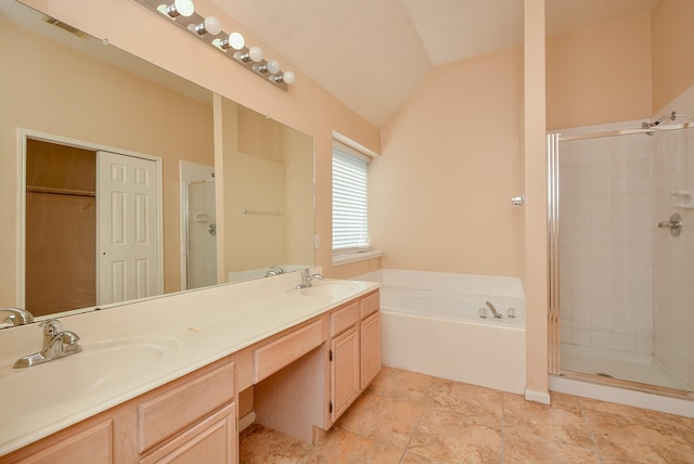 16902 Valley Palms Dr, Spring, TX 77379 - full bath with a stall shower, a garden tub, double vanity, vaulted ceiling, and a walk in closet