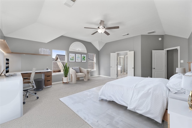537 Green Cedar Dr, League City, TX 77573 - carpeted bedroom with lofted ceiling, an office area, ceiling fan, and ensuite bathroom