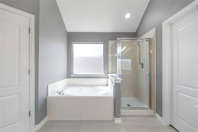 537 Green Cedar Dr, League City, TX 77573 - bathroom featuring tile patterned floors, a stall shower, a garden tub, and vaulted ceiling