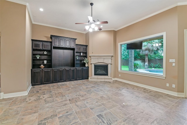 13622 Kluge Corner Ln, Cypress, TX 77429 - unfurnished living room featuring ceiling fan, ornamental molding, a glass covered fireplace, and recessed lighting
