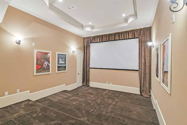 13622 Kluge Corner Ln, Cypress, TX 77429 - cinema room featuring crown molding, dark carpet, a tray ceiling, and recessed lighting