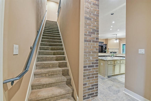 13622 Kluge Corner Ln, Cypress, TX 77429 - staircase featuring ceiling fan and recessed lighting
