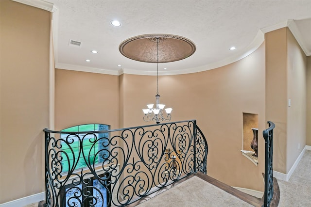 13622 Kluge Corner Ln, Cypress, TX 77429 - staircase featuring a chandelier, recessed lighting, crown molding, and a textured ceiling