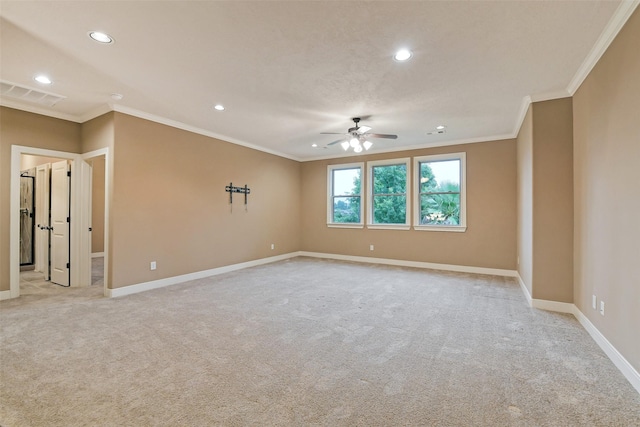 13622 Kluge Corner Ln, Cypress, TX 77429 - unfurnished room featuring ceiling fan, recessed lighting, crown molding, and light colored carpet